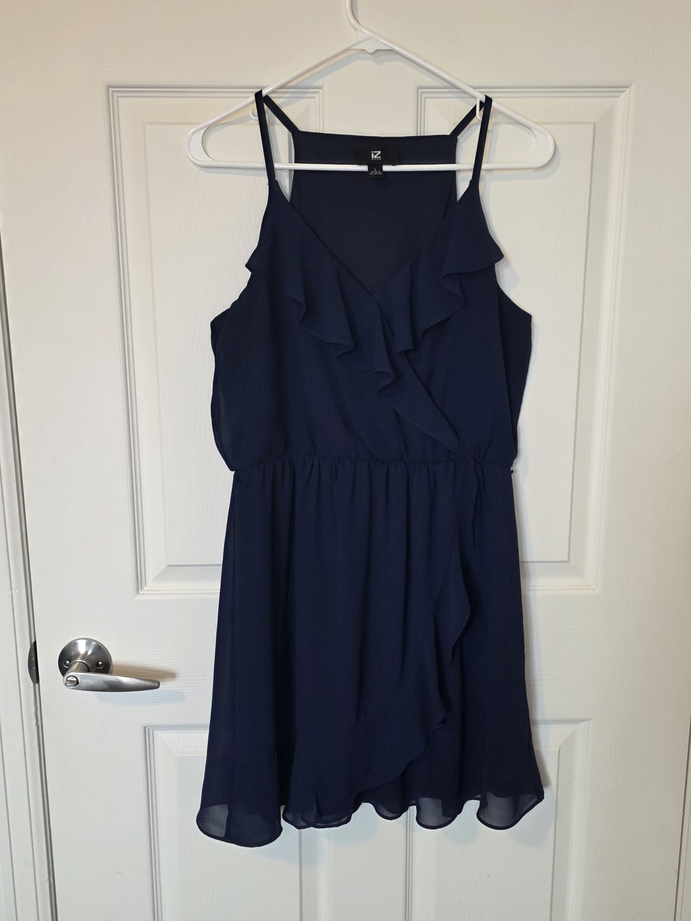 IZ Byer Navy Blue Ruffle V-Neck Sleeveless Mini Dress - Women's Large